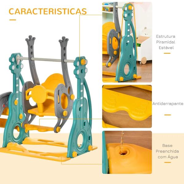 Escorega Infantil com Baloiço e Cesta de Basquetebol 3 em 1 para 18 - 36 Meses com Assento Ajustável Parque Infantil para Interior e Exterior 152x149x107cm Multicor