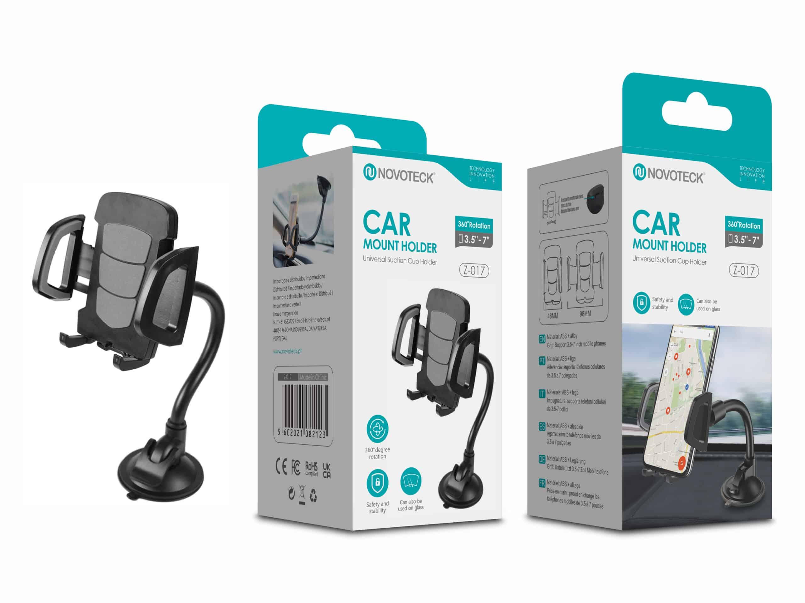 Suporte de Carro Multifuncional Novoteck Z - 017 – 3 em 1, Rotação 360º, para Para - Brisa/Console/Saída de Ar, para Telemóveis 3.5' - 6.5