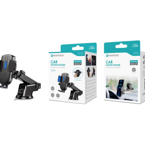 Suporte Universal para Telemóvel no Carro NOVOTECK Z - 059 com Ventosa, Bloqueio Automático e Rotação 360° – Preto/Azul