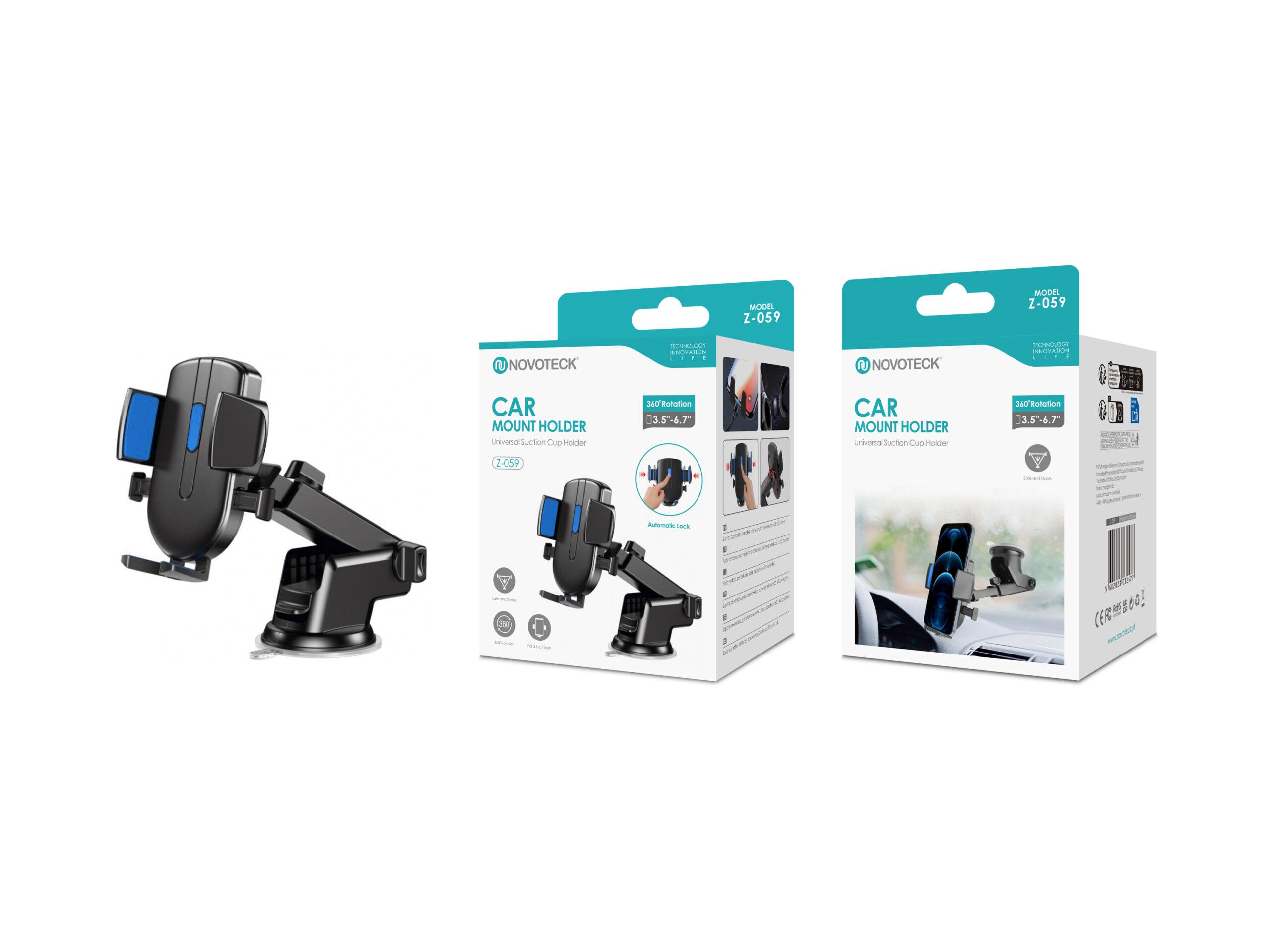 Suporte Universal para Telemóvel no Carro NOVOTECK Z - 059 com Ventosa, Bloqueio Automático e Rotação 360° – Preto/Azul