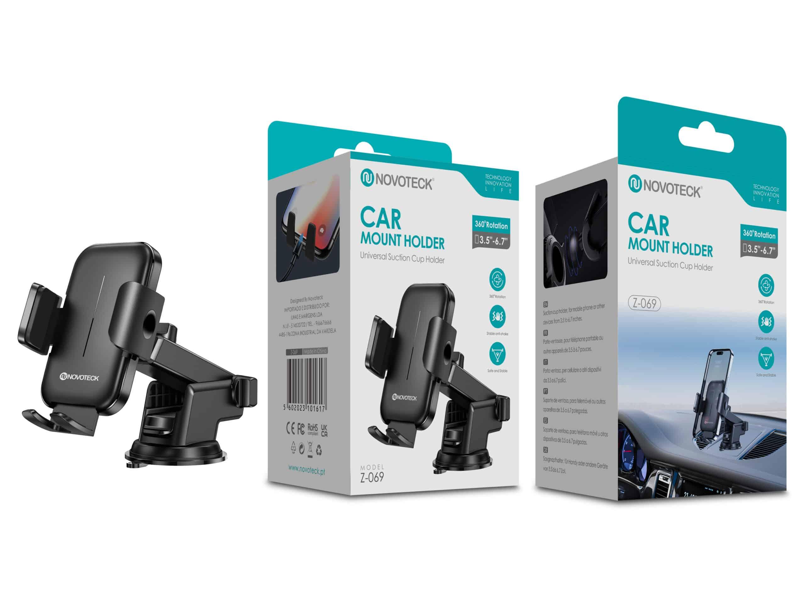 Suporte de Montagem de Sucção para Telemóvel NOVOTECK Z - 069 - Universal, Rotação 360º, para Dispositivos 3.5" - 6.7"