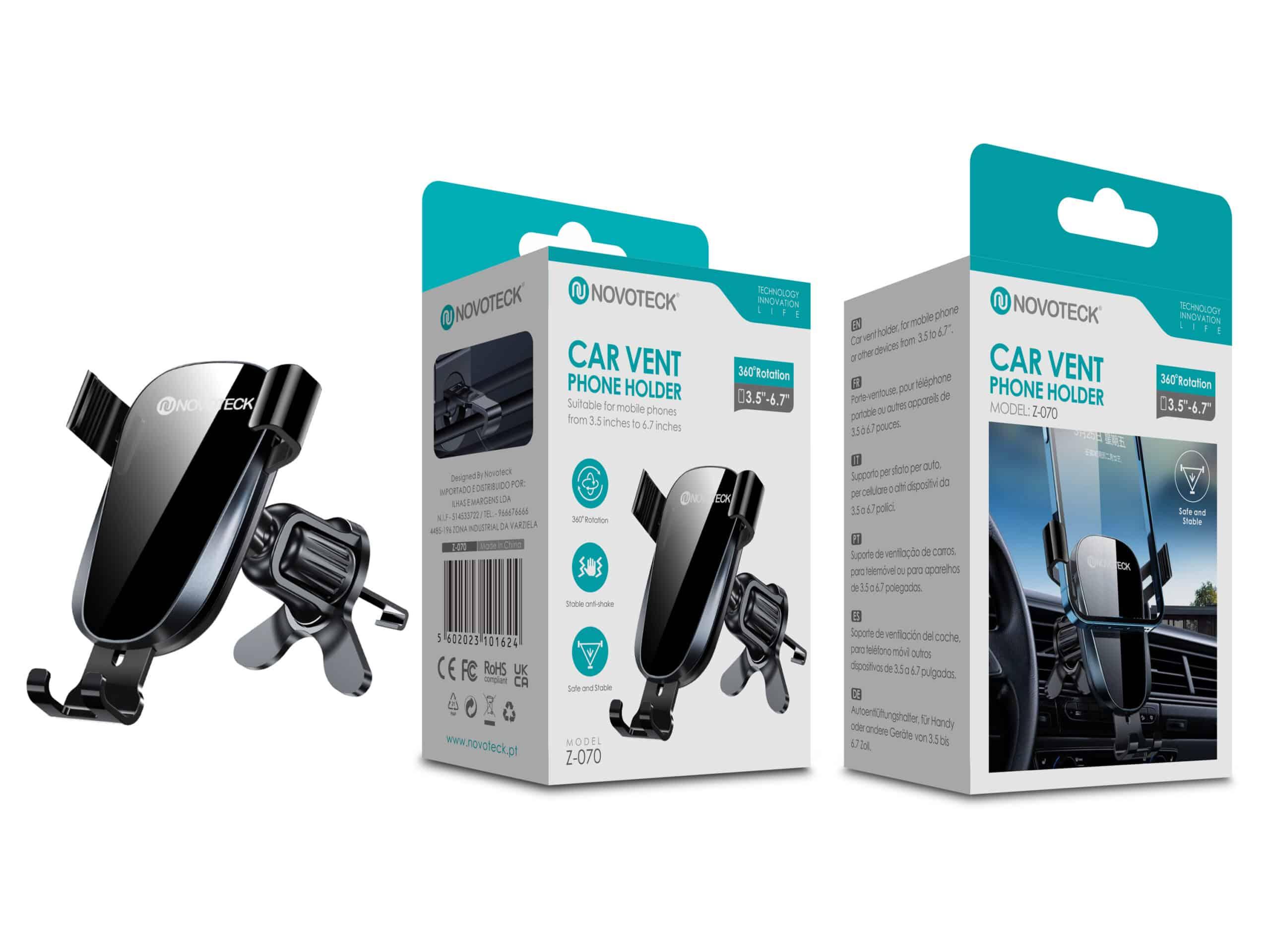 Suporte NOVOTECK Z - 070 para Ventilação de Carro - Universal, Rotação 360º, para Telemóveis 3.5" - 6.7"