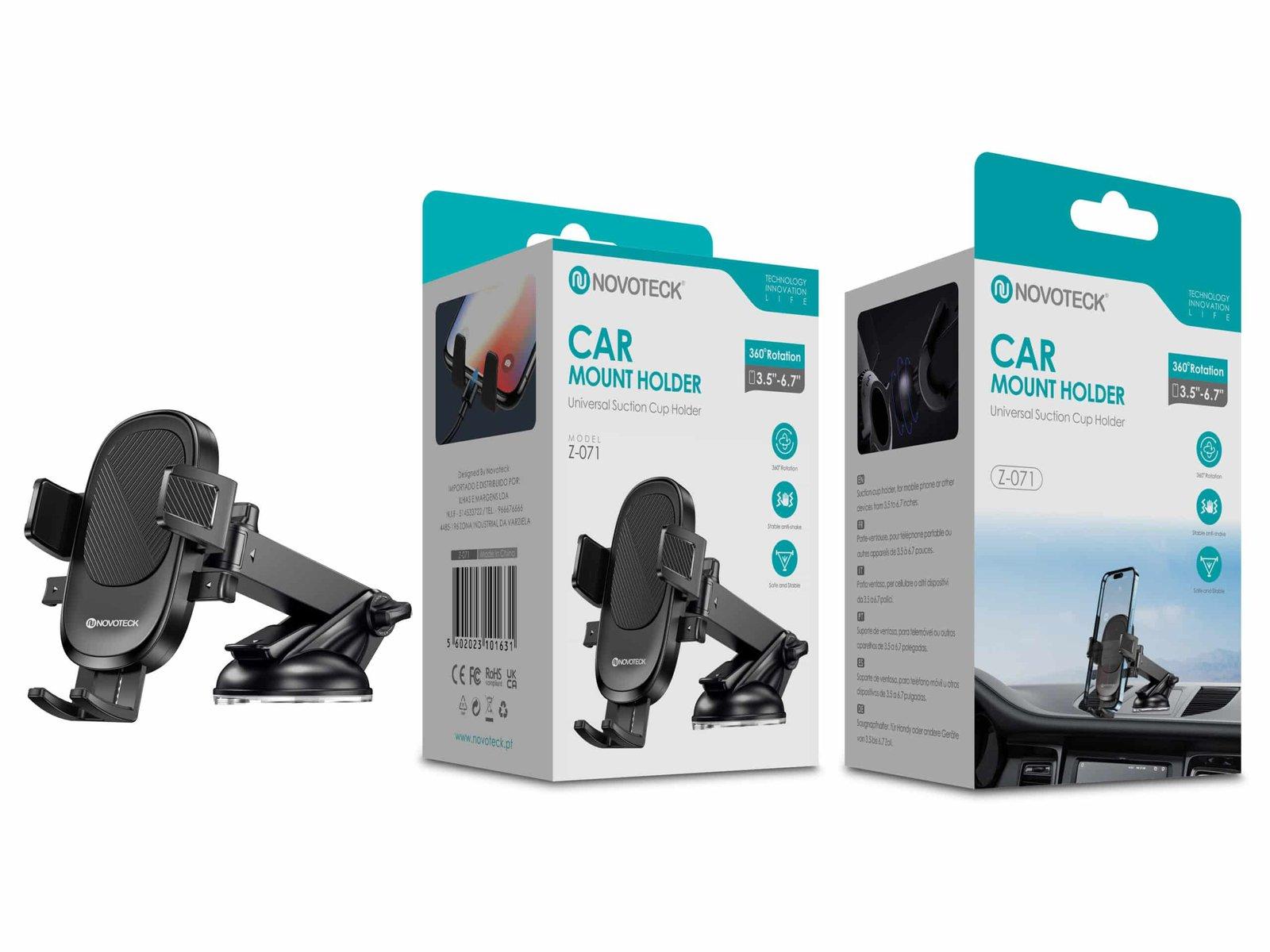 Suporte Universal NOVOTECK Z-071 para Telemóvel - Ventosa Forte, Rotação 360º, Compatível com 3.5"-6.7"