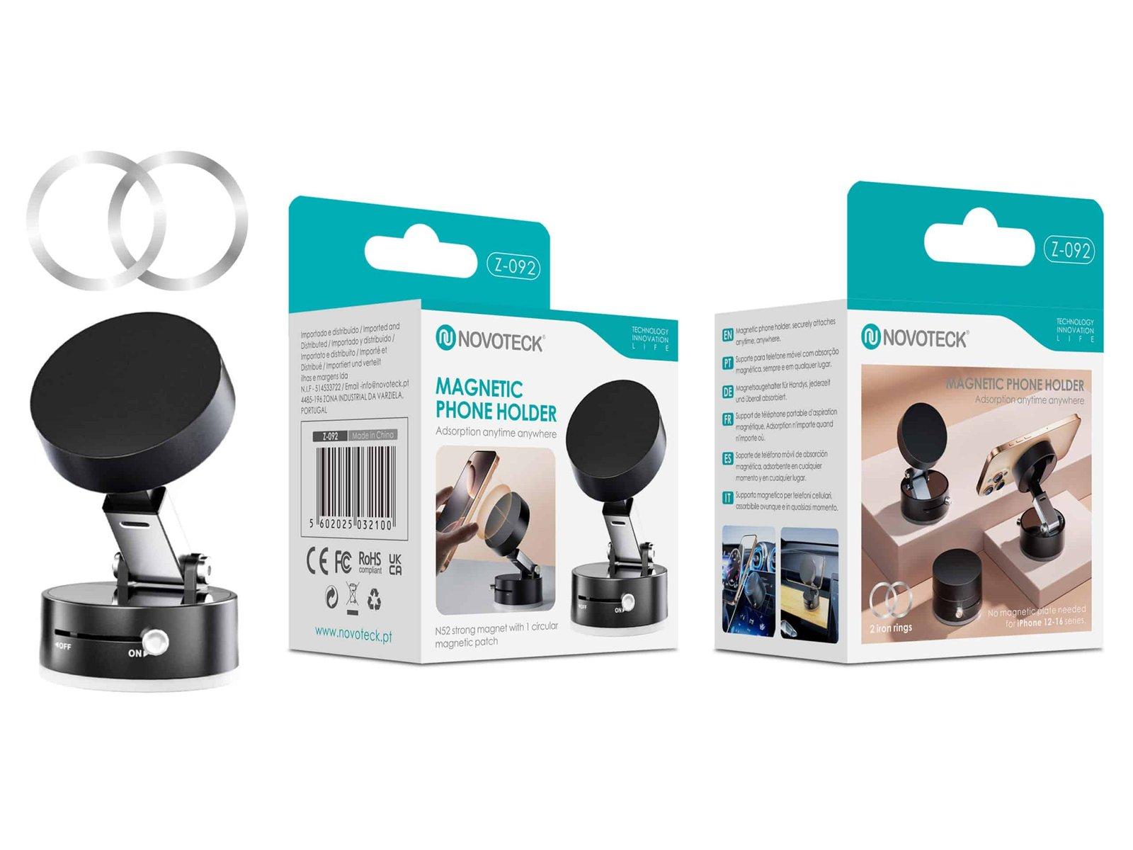 Suporte Magnético para Telemóvel Novoteck Z-092 – Base Ajustável, Íman Forte N52, Uso em Mesa ou Carro, Inclui 2 Anéis Metálicos