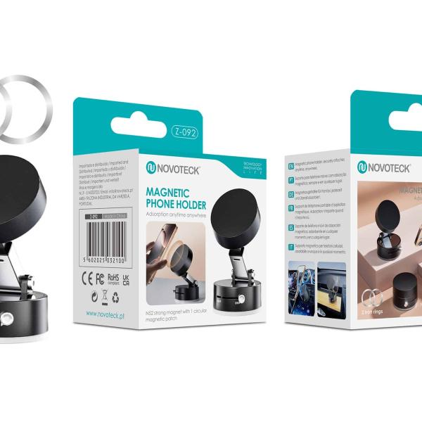 Suporte Magnético para Telemóvel Novoteck Z-092 – Base Ajustável, Íman Forte N52, Uso em Mesa ou Carro, Inclui 2 Anéis Metálicos