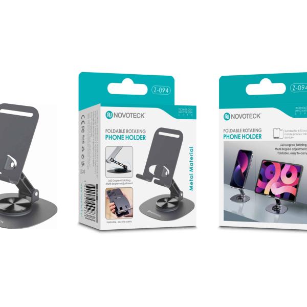 Suporte de Telemóvel Dobrável Rotativo NOVOTECK Z - 094 – Base Metálica com Ajuste 360º para Smartphone e Tablet