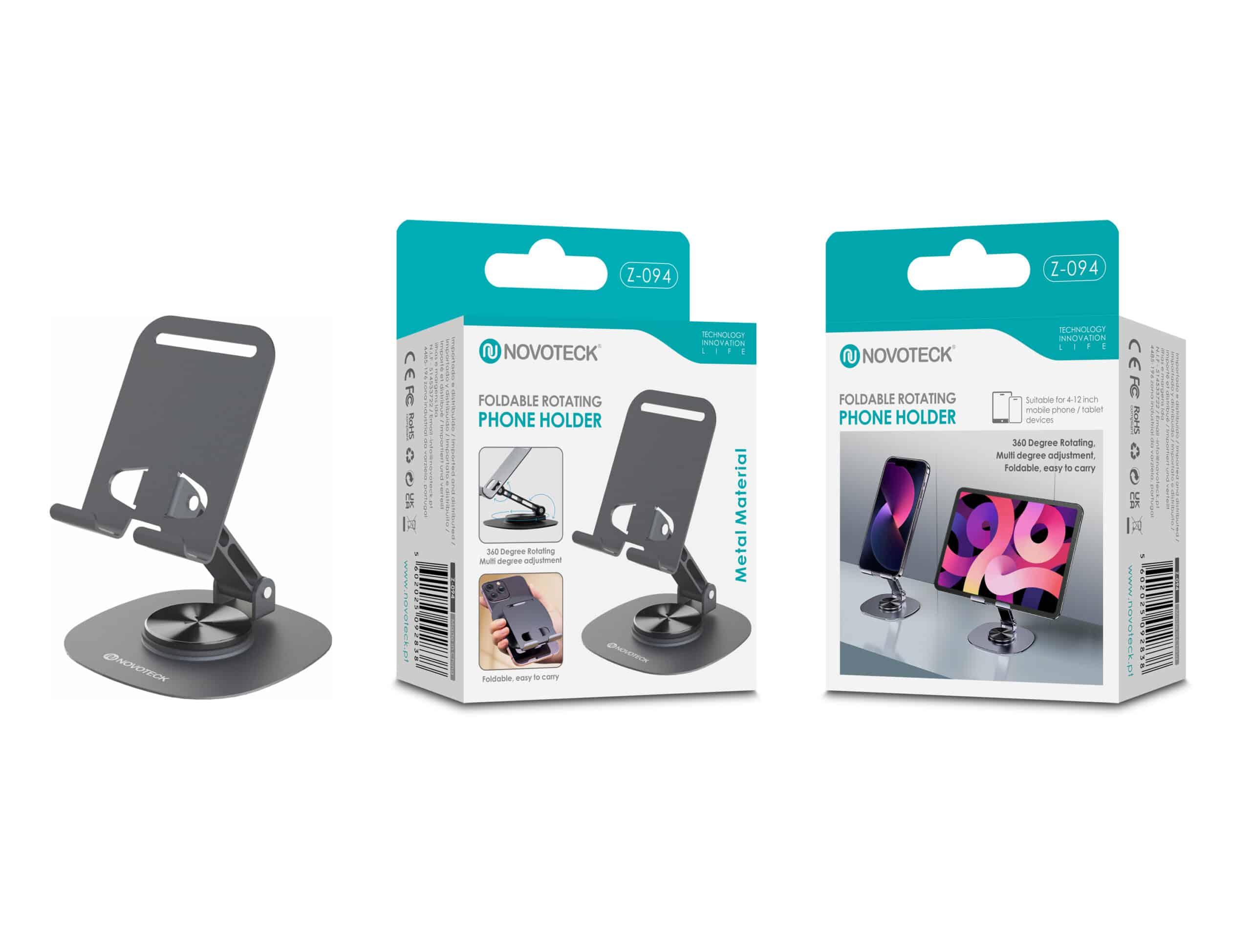 Suporte de Telemóvel Dobrável Rotativo NOVOTECK Z - 094 – Base Metálica com Ajuste 360º para Smartphone e Tablet