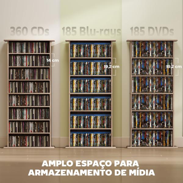Estante Estreita para CDs e DVDs com 8 Compartimentos e Prateleiras Ajustáveis 58x24x126,3 cm em Madeira