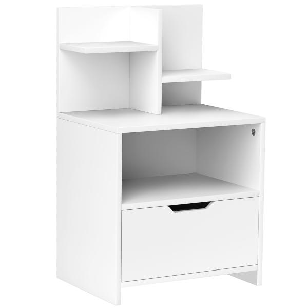 Mesa de Cabeceira de Madeira Moderna com Gaveta e Prateleiras de Armazenamento 45x35x73 cm Branco