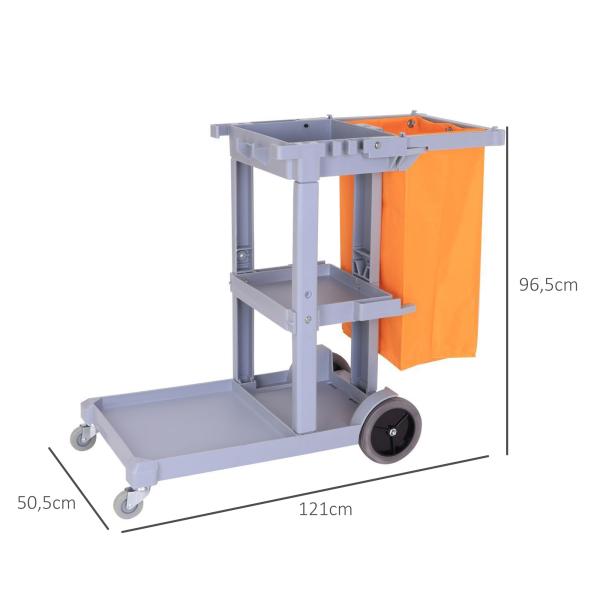Carro de Limpeza com Bolsa de 100L Carro de Limpeza Profissional com 3 Prateleiras e Plataforma 121x50,5x96,5 cm Cinza e Amarelo