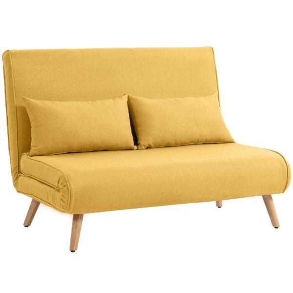Sofá - Cama de 2 Lugares Dobrável Estofado em Linho com Encosto Ajustável em 5 Posições e 2 Almofadas Amarelo