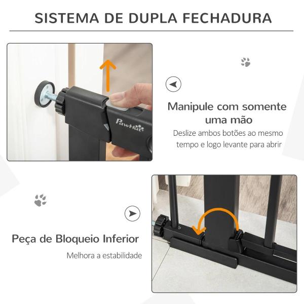 Barreira de Segurança de Cães Animais de Estimação para Escadas e Portas 75 - 103cm com 2 Extensões Fechamento Automático e Sistema de Duplo Bloqueio Aço Preto