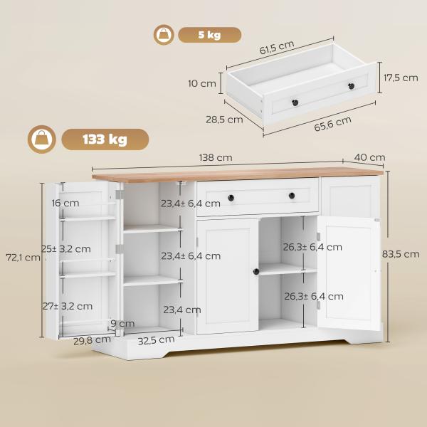 Aparador de Cozinha com Gaveta, Prateleiras nas Portas Prateleiras Ajustáveis Bar de Café 138x40x83,5 cm Branco