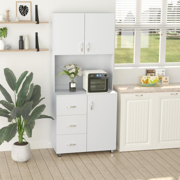 Armário de Armazenamento de Cozinha Armário Alto com 3 Gavetas 3 Portas e Prateleiras Interiores Ajustáveis móvel Auxiliar para Sala de Jantar Sala de Estar 80x39,5x183,5cm Branco