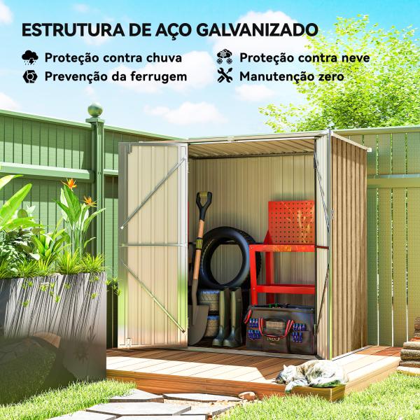 Abrigo de Jardim Exterior Metálico 1,37 m² 163x89x163 cm com Telhado Inclinado, Portas com Fecho e Luvas Castanho