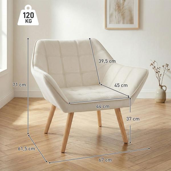 Poltrona de Sala Moderna Estofada em Veludo com Pés de Madeira Poltrona Relax para Sala de Estar Creme