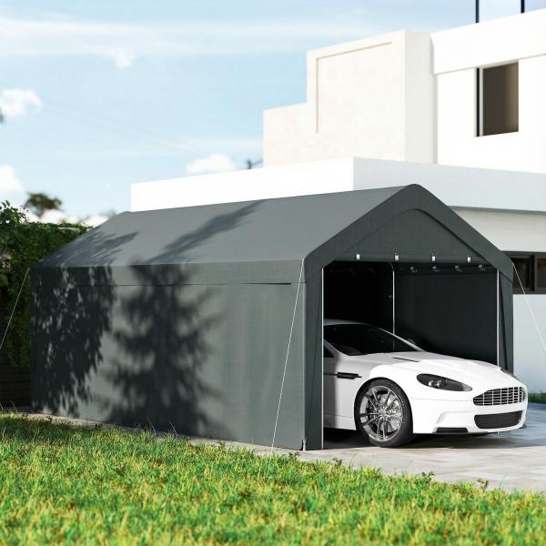 Abrigo de Exterior 590x300x280 cm Garagem de Exterior para Carros Anti UV com Paredes Laterais Desmontáveis e 2 Portas Cinza Escuro