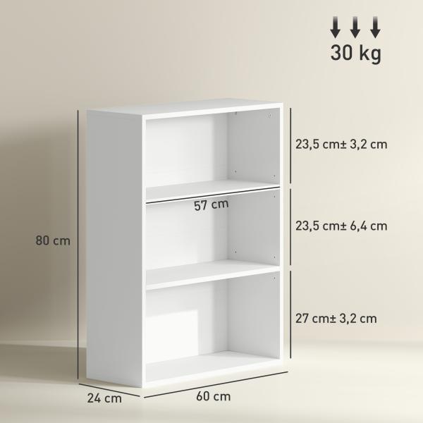 Estante de 3 Níveis Estante para Livros com 2 Prateleiras Ajustáveis para Sala de Estar Escritório Quarto 60x24x80 cm Branco