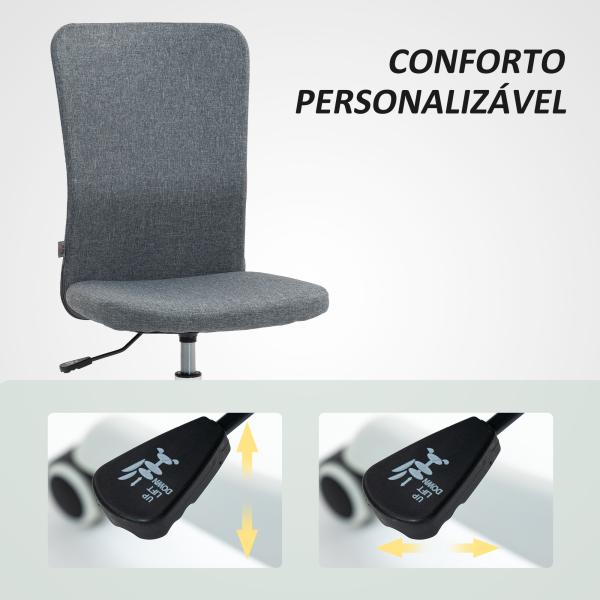 Cadeira de Escritório sem Apoio para os Braços Estofada em Linho Sintético com Altura Ajustável 53x43x85 - 93 cm Cinza