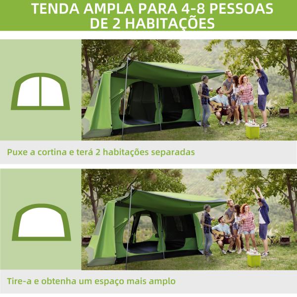 Tenda de Campismo Familiar para 4 Pessoas Tenda de Campismo Portátil Impermeável com Bolsa de Transporte Rede Mosquiteira e Proteção Solar 410x - 310x225cm Verde