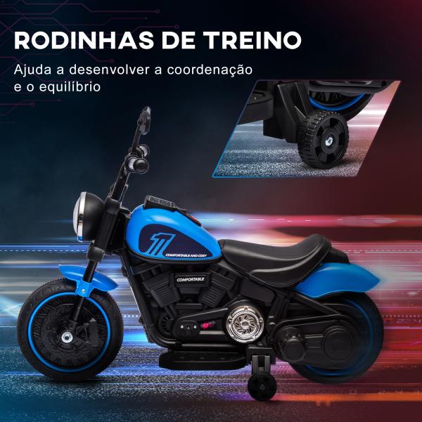 Motocicleta Elétrica para Crianças de 18 - 36 Meses com Bateria 6V Farol e Rodas Auxiliares Removíveis 76x42x57 cm Azul