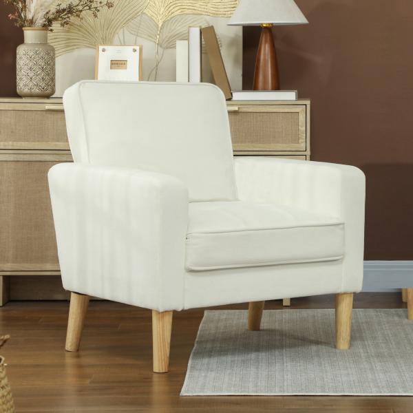 Poltrona Sala de Estar Estofada em Veludo Poltrona de Leitura com Assento com Botões e Pés de Madeira 76x79x82 cm Creme
