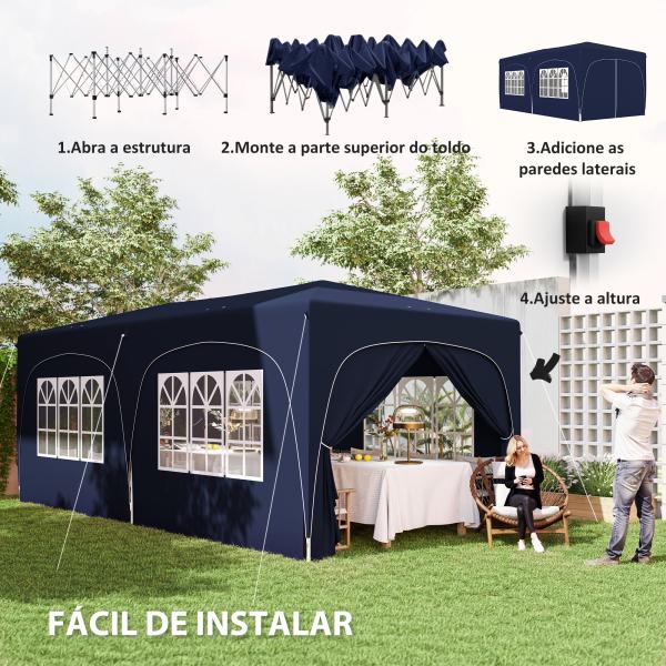 Tenda Dobrável 3x6 m com Painéis Laterais UPF50+ Tenda de Jardim com Altura Ajustável e Bolsa de Transporte Azul Escuro
