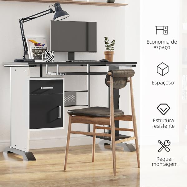 Mesa para Computador com Gaveta Armário e Suporte para CPU Secretária para Escritório 100x52x75cm Preto e Branco