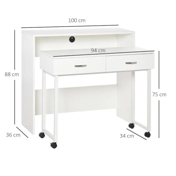Conjunto de 2 mesas secretária para escritório com rodas 2 gavetas 100x36x88 cm Branco