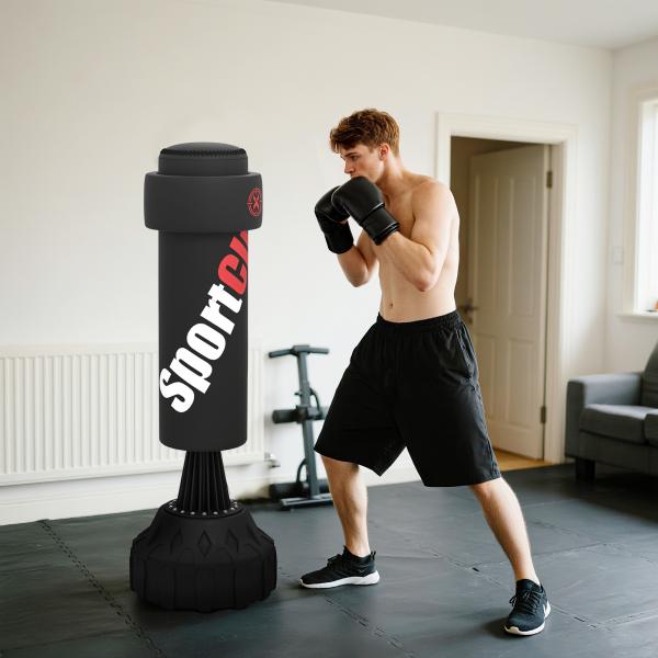 Saco de Boxe de Pé Faixa de Altura Ajustável 65 – 175 cm Base Recarregável com Ventosas A 57x57x175 cm Preto