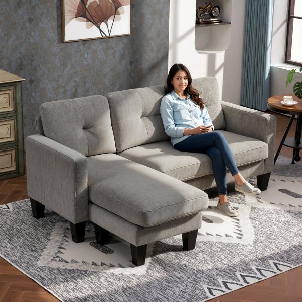 Sofá Chaise Longue Sofá em Forma de L Estofado em Poliéster Sofá de Canto Reversível 186x130x84 cm Marrom Acizentado