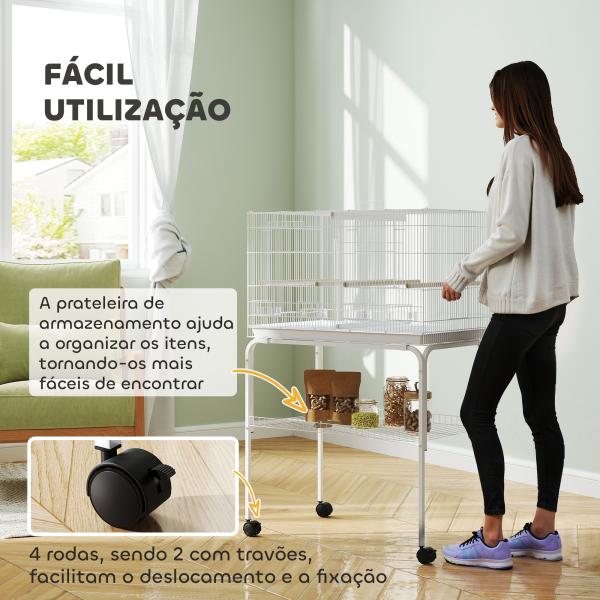 Gaiola para Pássaros com Divisória Rodas Gaiola para Aves com Comedouros Poleiros e Bandeja Removível 76x46x116 cm Branco