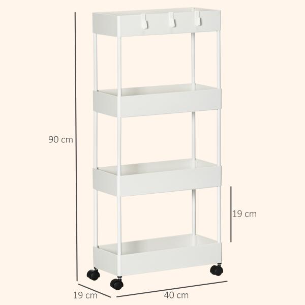 Carrinho Auxiliar com Rodas Carrinho de Armazenamento com 4 Cestas e 4 Ganchos Amovíveis 40x19x90 cm Branco