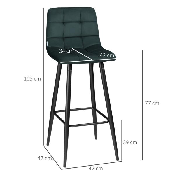 Conjunto de 2 Bancos Altos de Cozinha Bancos de Bar Estofados em Veludo com Apoio para os Pés e Encosto Verde
