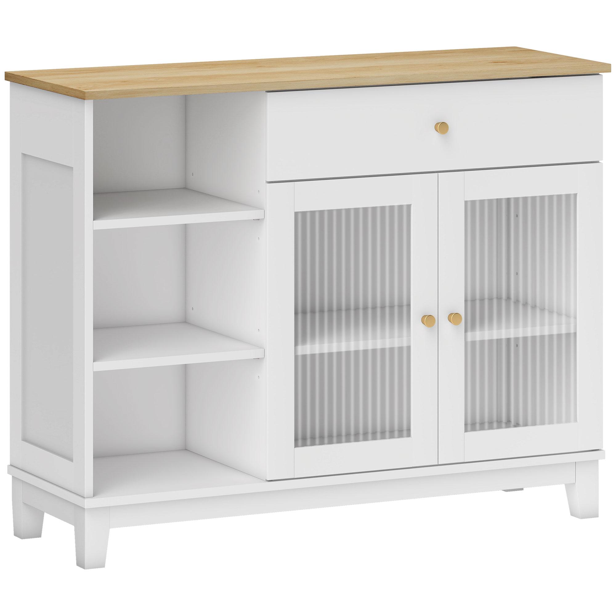 Aparador 2 Portas de Vidro Aparador para Sala Moderno com Gaveta Compartimentos Abertos 100x35x80,3 cm Branco