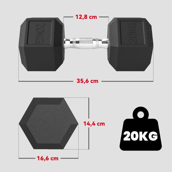 Haltere Hexagonal 20 kg de Ferro Fundido Pesos de Metal Revestidos de Borracha para Treino em Casa Ginásio 35,6x16,6x16,6 cm Preto