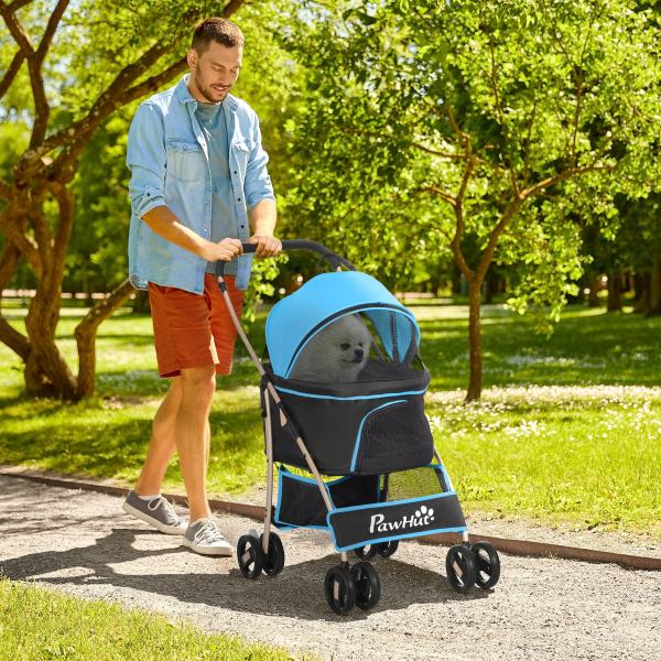 Carrinho para Animais de Estimação 3 em 1 Dobrável com Bolsa de Transporte Cesta de Armazenamento e Travão 82x49,5x98cm Azul