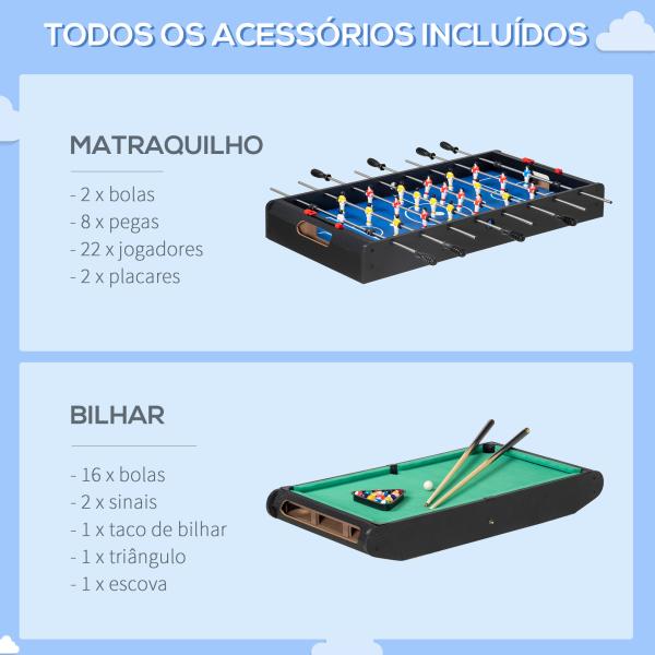 Mesa de Jogos 6 em 1 com Rodas Bilhar Matraquilho Ping Pong Lançamento de Anéis Hóquei com Bastão e Hóquei com Discos 120x88x79cm Multicor