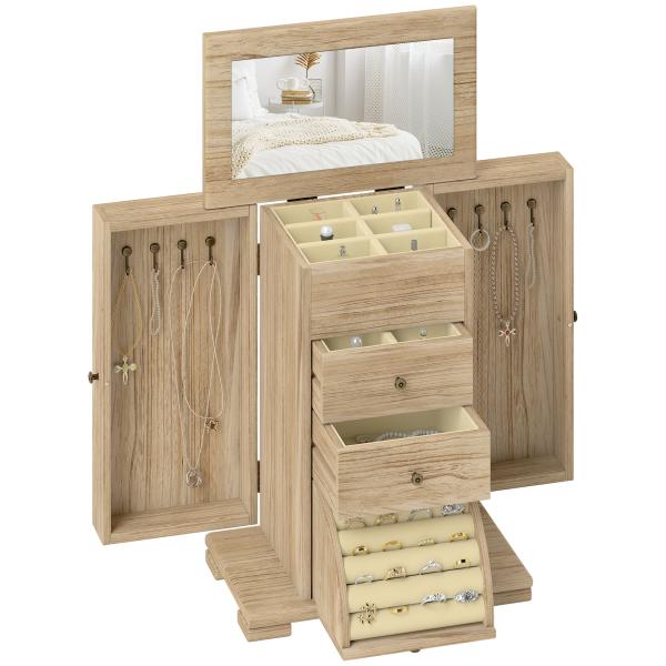 Caixa Joias de Madeira de 4 Níveis Organizador de Joias com 2 Gavetas e Espelho 26,5x16x33,5 cm Madeira