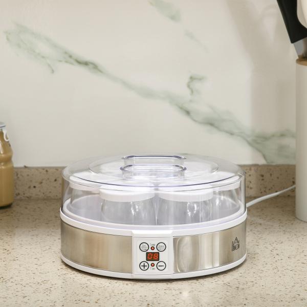 Iogurteira 20W Capacidade 1,26L com 7 Frascos de Cristal de 180 ml Termóstato Ajustável Temporizador de 1 - 48 horas 24x24x13 cm Branco