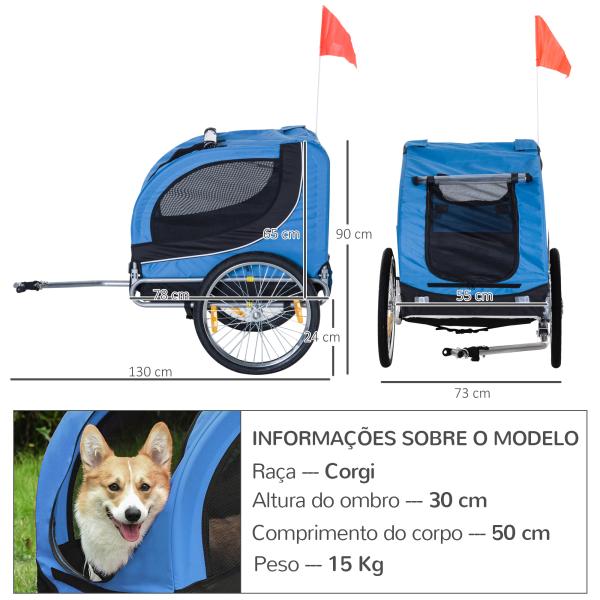 Reboque de Bicicleta para Cães Reboque de Bicicleta para Animais de Estimação com Bandeira Reflectores 130x73x90cm Azul