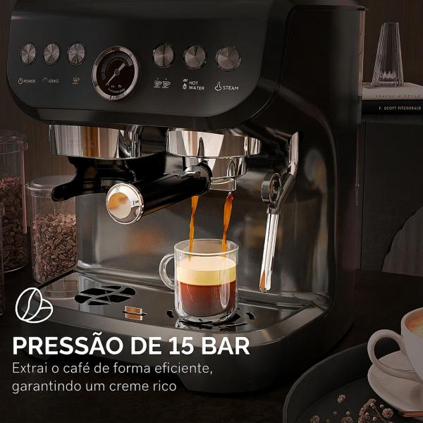 Máquina de Café Expresso 15 Bares 1600 W com Moinho de 15 Níveis e Vaporizador de Leite para Cappuccino e Latte Preta