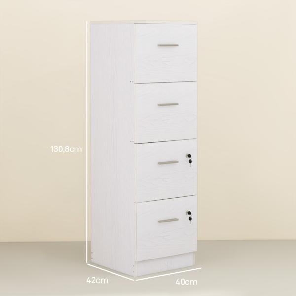Gaveteiro de Escritório com 4 Gavetas Fechadura e Suportes Ajustáveis para Documentos A4 e Letter Branco 40x42x130,8 cm Branco