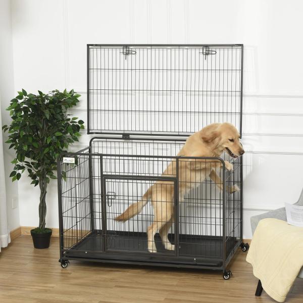 Gaiola dobrável de metal com rodas e freios Bandeja removível e porta com travas125x76x81 cm Cinza escuro