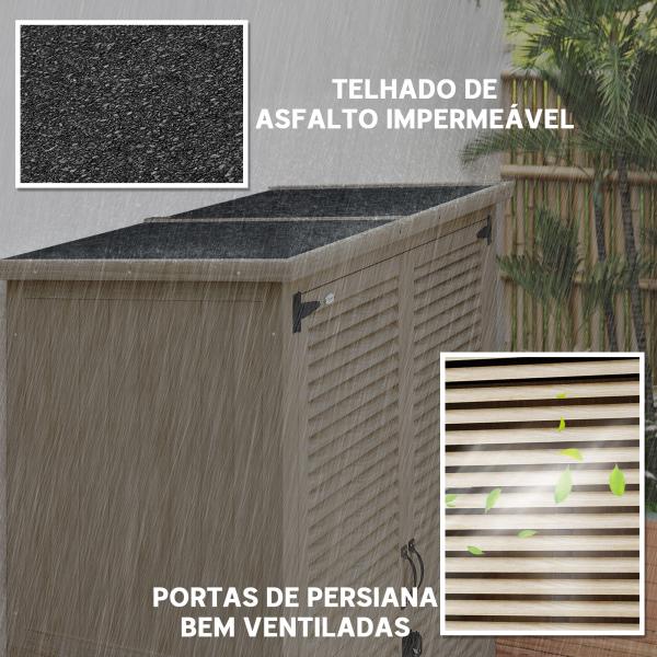 Armário de Jardim de Madeira 0,83 m² 127x65x168 cm com 2 Portas de Persiana 2 Prateleiras 2 Alças e Telhado Impermeável Natural
