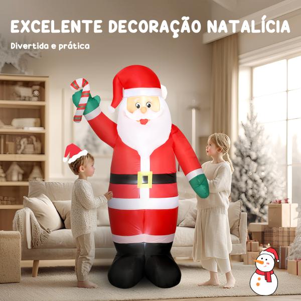 Pai Natal Insuflável 240 cm com Bastão Luzes LED e Inflador Elétrico Decoração Natalícia para Exteriores e Interiores Multicor