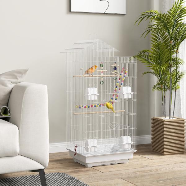 Gaiola para Passáros de Metal com Portas 4 Comedouros 3 Poleiros Baloiço Escadas e Bandeja Removível 46x36x100 cm Branco