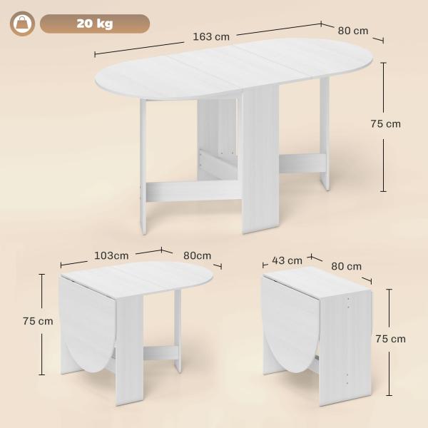 Mesa de Cozinha Dobrável Mesa de Jantar Dobrável Ovalada com Laterais Abatíveis Estilo Moderno 163x80x75 cm Branco