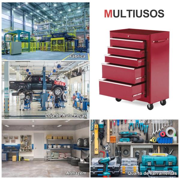 Carrinho de Ferramentas para Oficina com Rodas e 5 Gavetas Fechadura e Alça Lateral 61,5x33x85 cm Vermelho