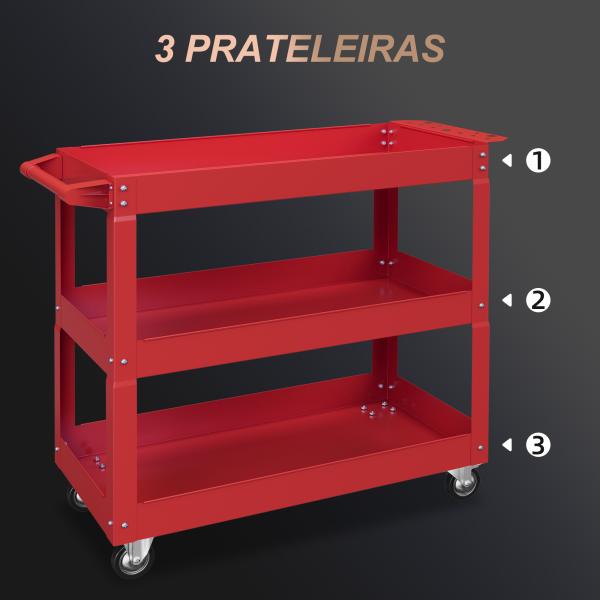 Carrinho de Ferramentas com Rodas 3 Prateleiras de Armazenamento e Alça Lateral 83x35,3x76 cm Vermelho